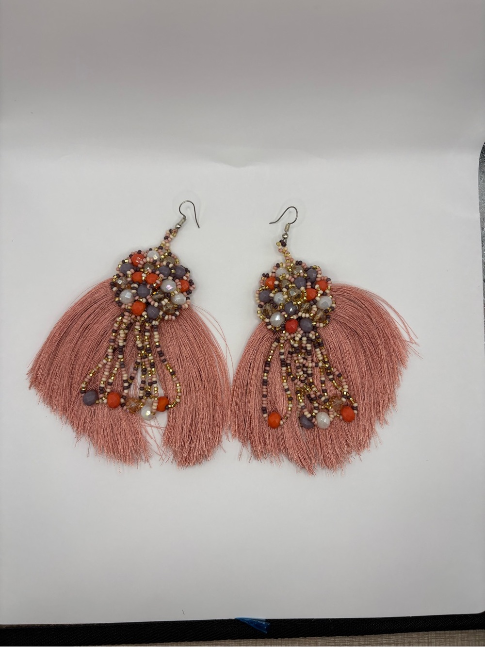 Boho Pink Tassel Beaded Statement Earrings